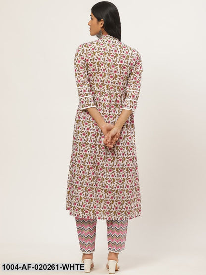 White & Pink Floral Printed Kurta with Trousers