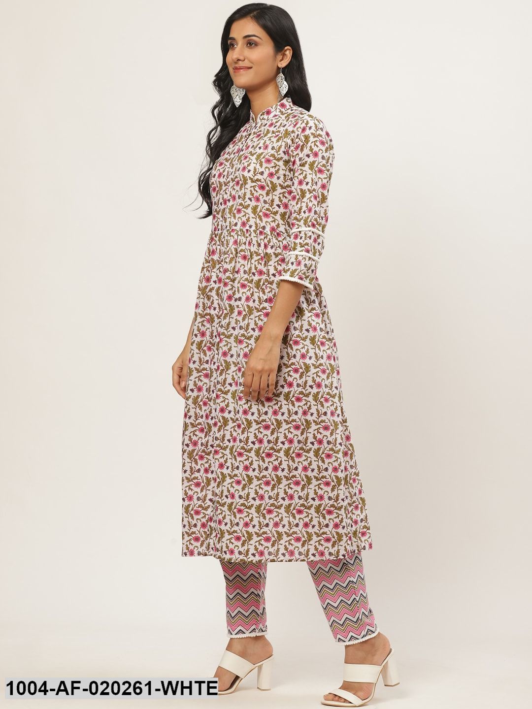 White & Pink Floral Printed Kurta with Trousers