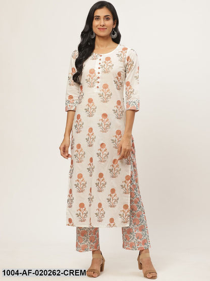 Cream-Coloured & Peach-Coloured Ethnic Printed Kurta with Palazzos