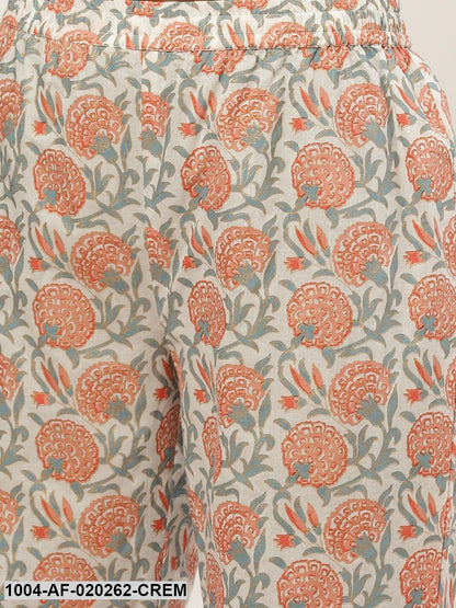 Cream-Coloured & Peach-Coloured Ethnic Printed Kurta with Palazzos