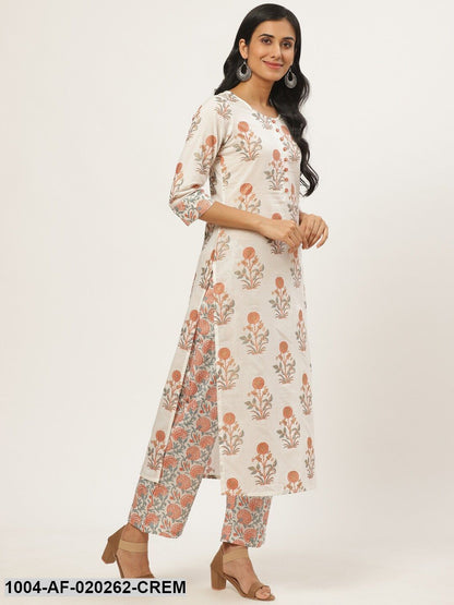 Cream-Coloured & Peach-Coloured Ethnic Printed Kurta with Palazzos