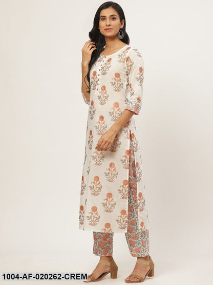 Cream-Coloured & Peach-Coloured Ethnic Printed Kurta with Palazzos