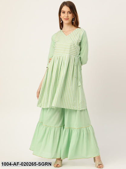 Sea Green & White Striped Angrakha Kurta with Sharara