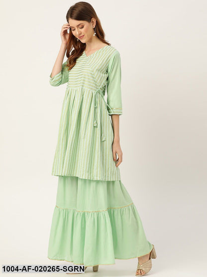 Sea Green & White Striped Angrakha Kurta with Sharara