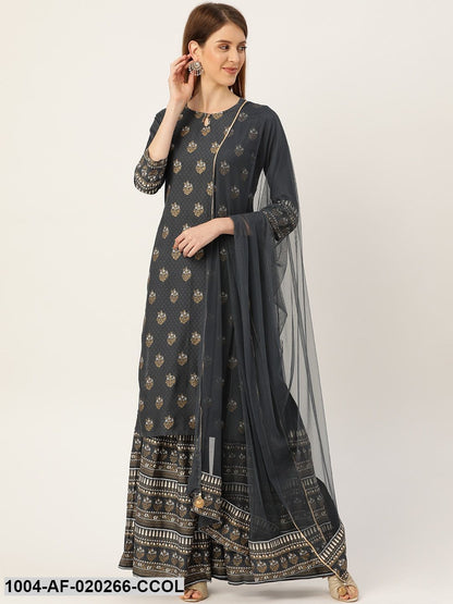 Charcoal Grey & Golden Printed Kurta with Sharara & Dupatta