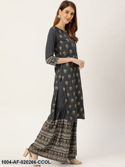 Charcoal Grey & Golden Printed Kurta with Sharara & Dupatta