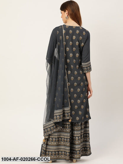 Charcoal Grey & Golden Printed Kurta with Sharara & Dupatta