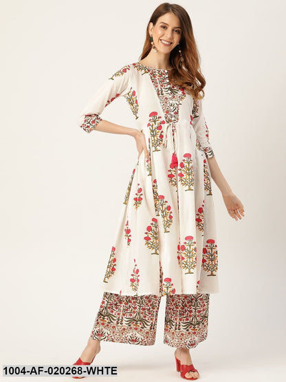 White & Pink Printed Anarkali Kurta with Palazzos