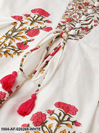 White & Pink Printed Anarkali Kurta with Palazzos