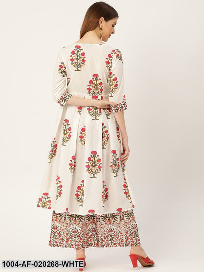 White & Pink Printed Anarkali Kurta with Palazzos