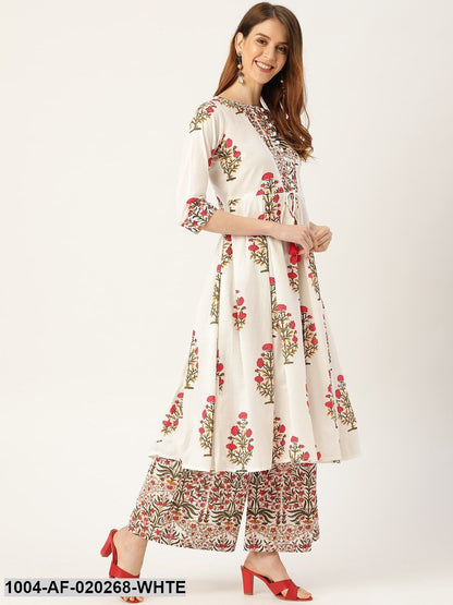 White & Pink Printed Anarkali Kurta with Palazzos