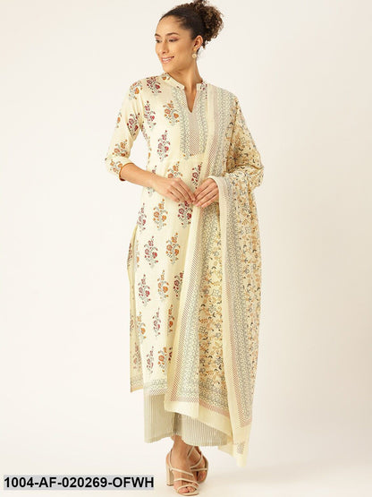 Off-White & Grey Printed Kurta with Palazzos & Dupatta
