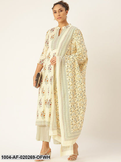 Off-White & Grey Printed Kurta with Palazzos & Dupatta