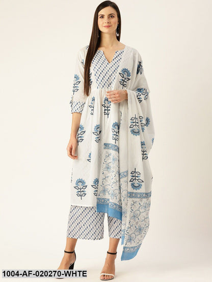 White & Blue Printed Kurta with Palazzos & Dupatta