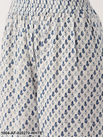 White & Blue Printed Kurta with Palazzos & Dupatta