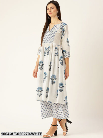 White & Blue Printed Kurta with Palazzos & Dupatta