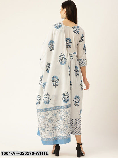 White & Blue Printed Kurta with Palazzos & Dupatta