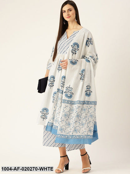 White & Blue Printed Kurta with Palazzos & Dupatta