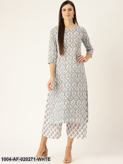 White & Blue Printed Kurta with Palazzos