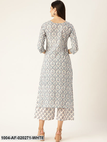 White & Blue Printed Kurta with Palazzos