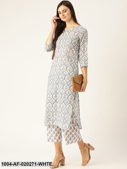 White & Blue Printed Kurta with Palazzos