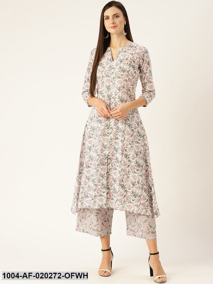 Off-White & Pink Floral Print A-Line Kurta with Palazzos
