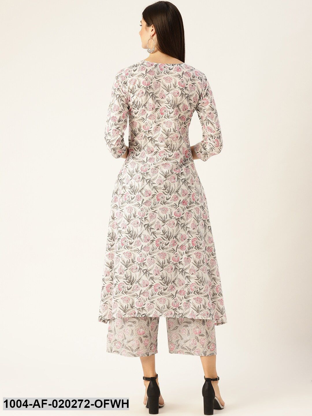Off-White & Pink Floral Print A-Line Kurta with Palazzos