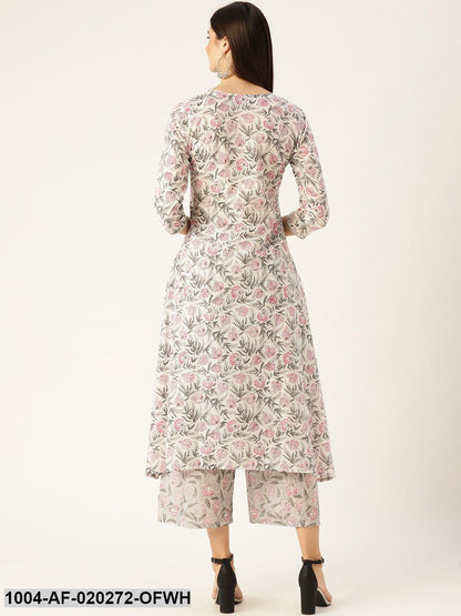 Off-White & Pink Floral Print A-Line Kurta with Palazzos