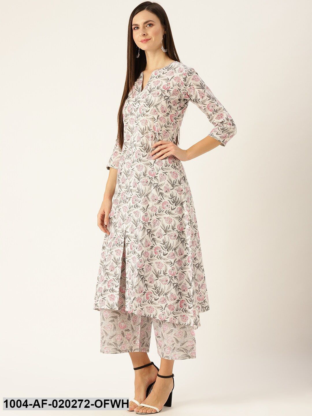 Off-White & Pink Floral Print A-Line Kurta with Palazzos