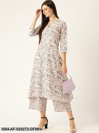 Off-White & Pink Floral Print A-Line Kurta with Palazzos