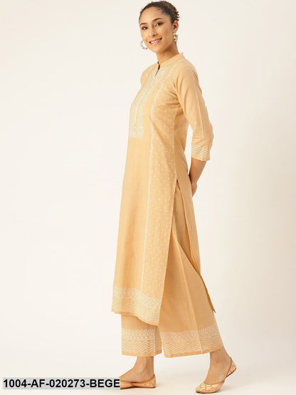 Beige & White Printed Kurta with Palazzos