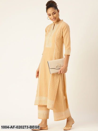 Beige & White Printed Kurta with Palazzos