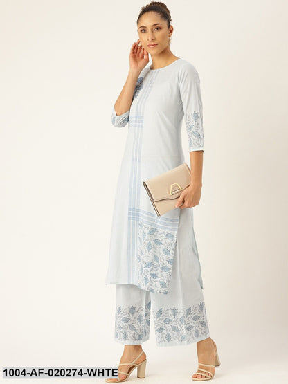 White & Blue Printed Kurta with Palazzos