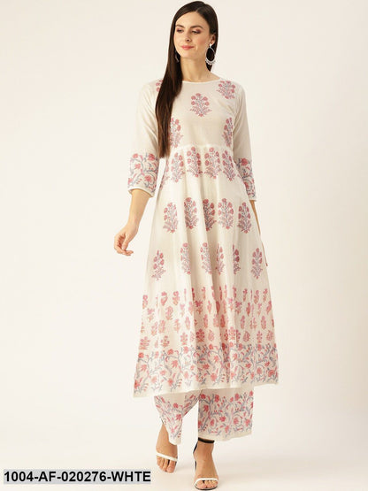 White & Pink Printed Kurta with Palazzos