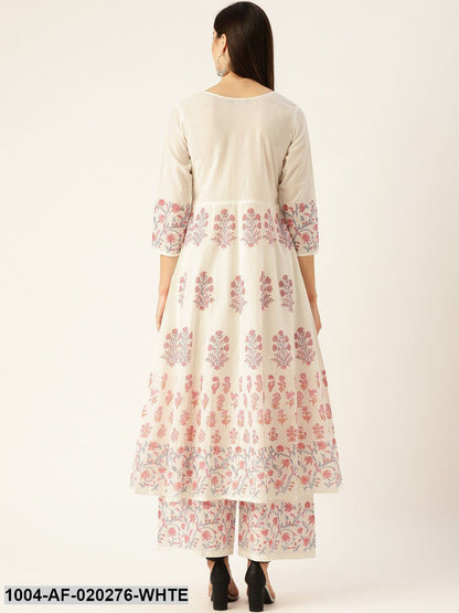 White & Pink Printed Kurta with Palazzos