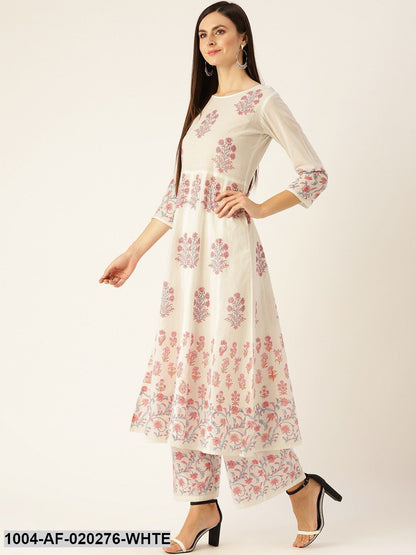 White & Pink Printed Kurta with Palazzos
