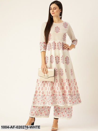 White & Pink Printed Kurta with Palazzos