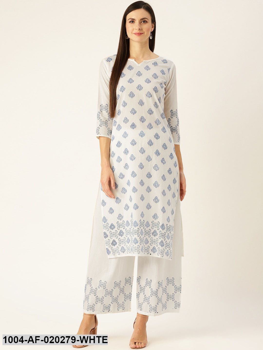 White & Blue Printed Kurta with Palazzos