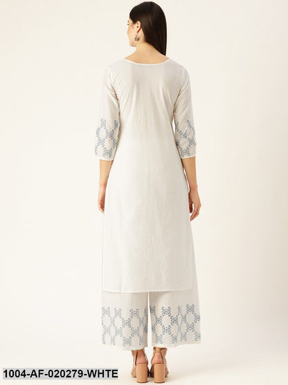 White & Blue Printed Kurta with Palazzos