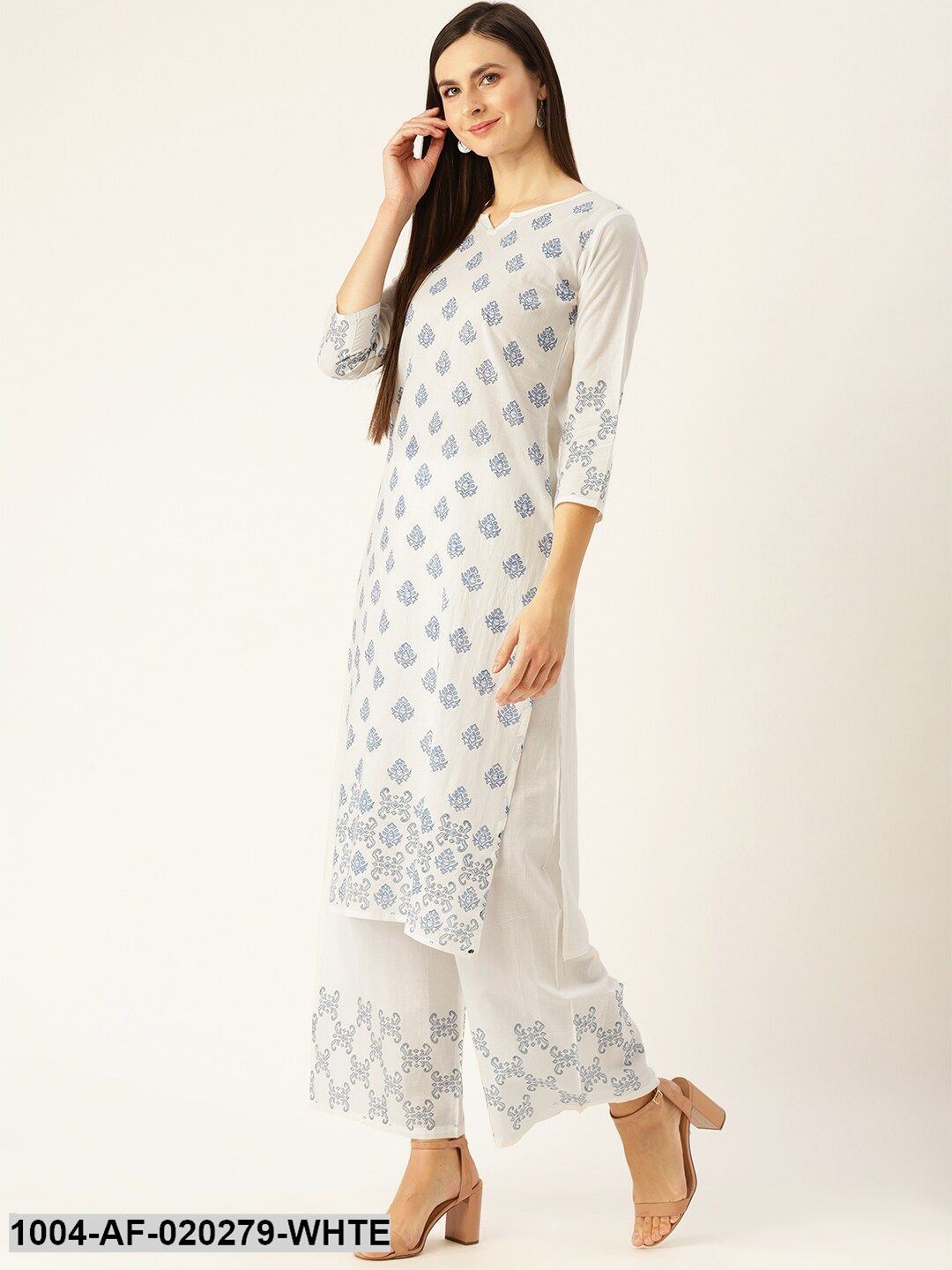 White & Blue Printed Kurta with Palazzos