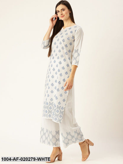 White & Blue Printed Kurta with Palazzos