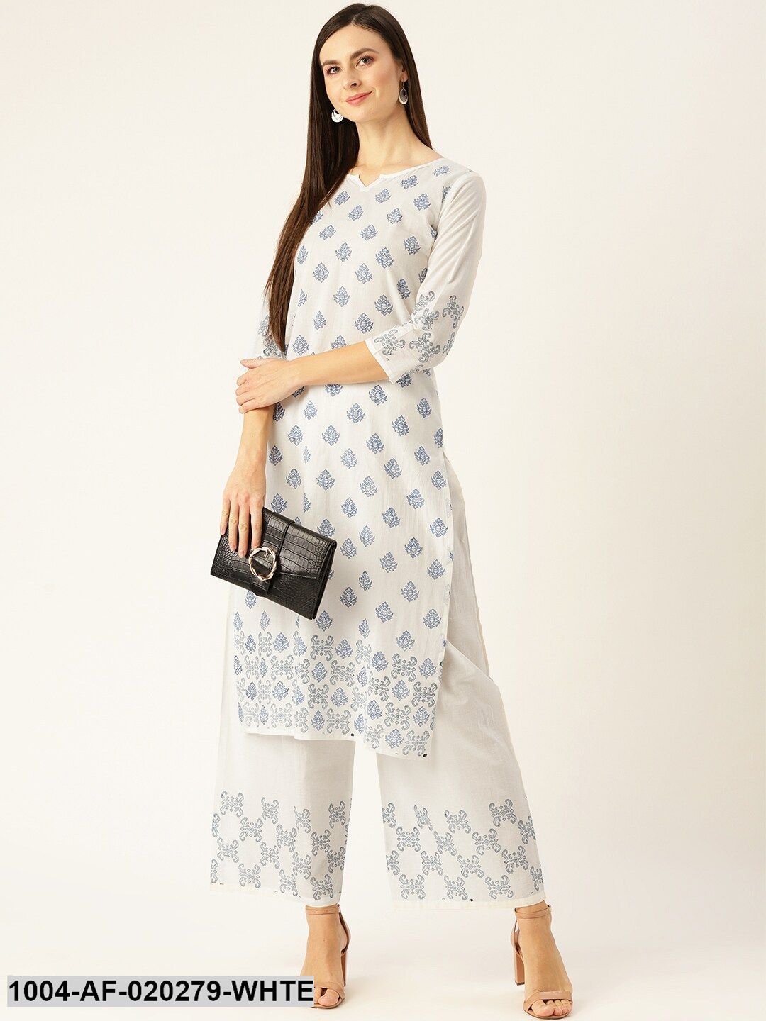 White & Blue Printed Kurta with Palazzos