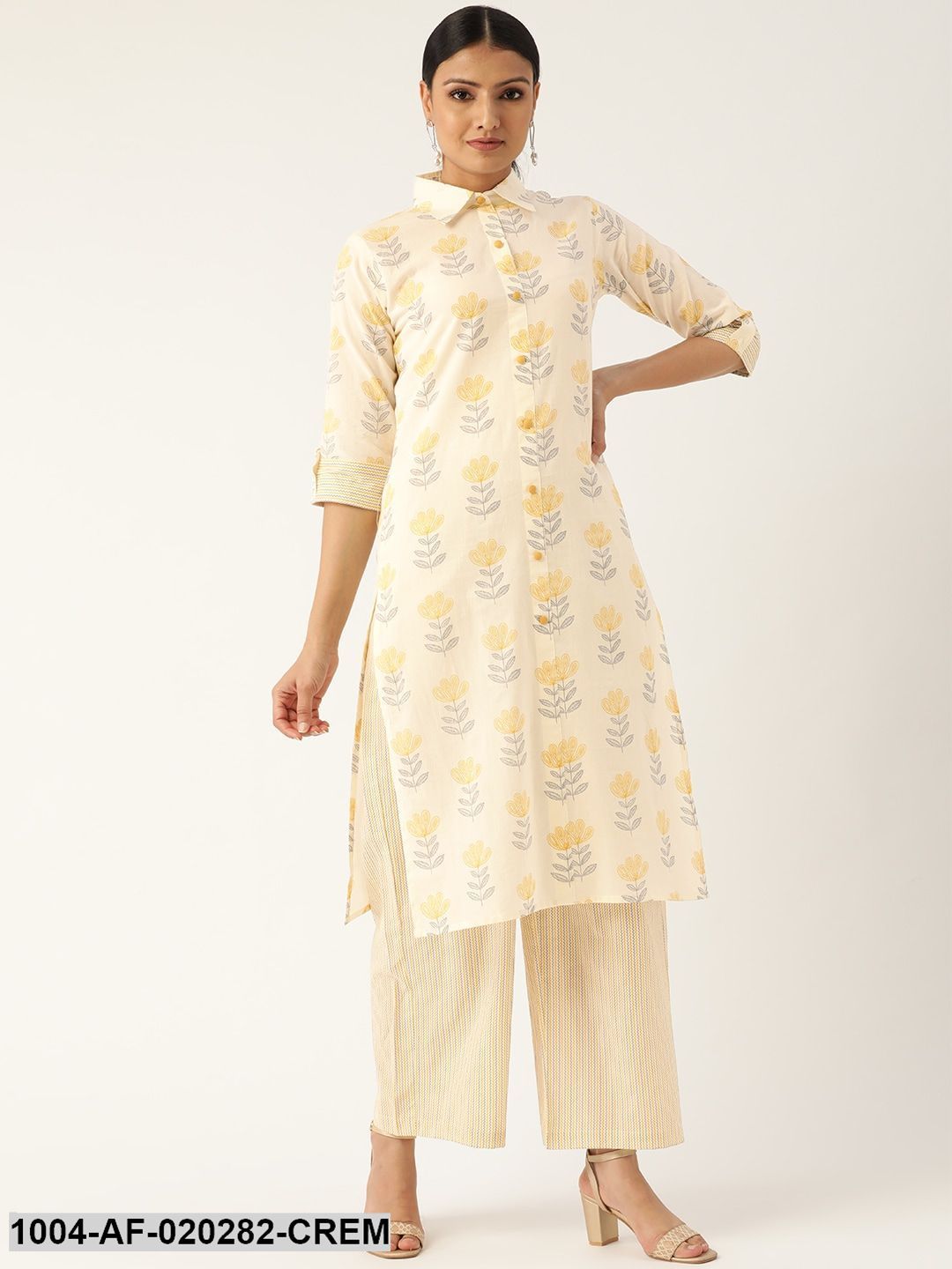 Cream-Coloured & Mustard Printed Kurta with Palazzos