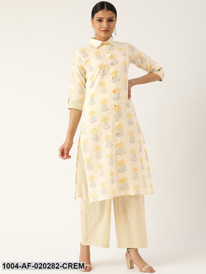 Cream-Coloured & Mustard Printed Kurta with Palazzos