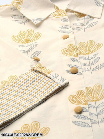 Cream-Coloured & Mustard Printed Kurta with Palazzos