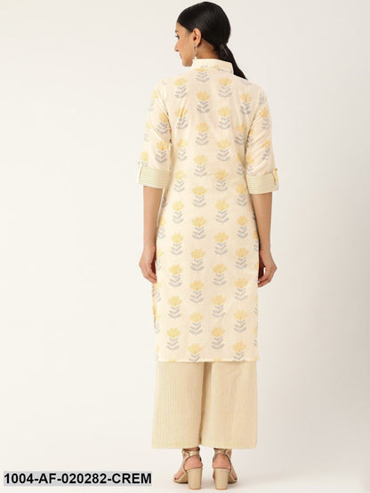 Cream-Coloured & Mustard Printed Kurta with Palazzos