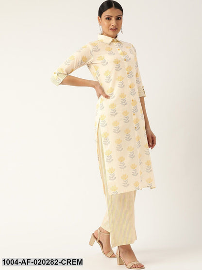 Cream-Coloured & Mustard Printed Kurta with Palazzos