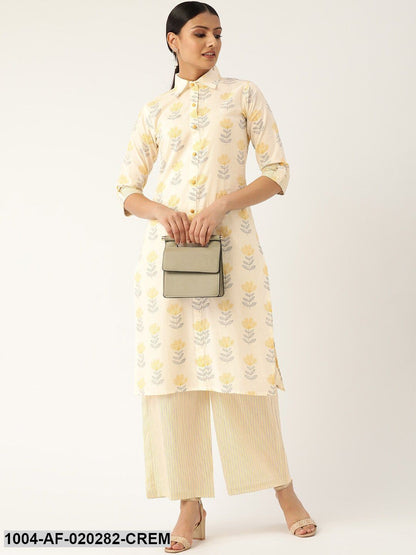 Cream-Coloured & Mustard Printed Kurta with Palazzos