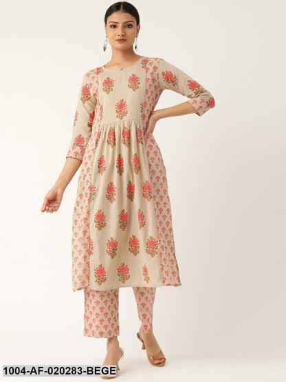 Beige & Pink Printed Kurta with Palazzos