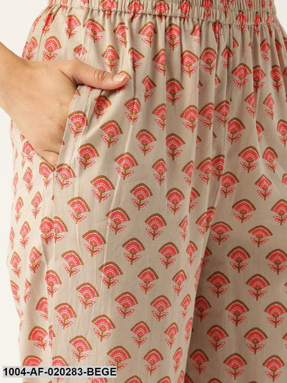 Beige & Pink Printed Kurta with Palazzos